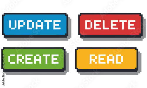 Set of Four Pixel Art Style Digital Buttons Featuring Update Delete Create and Read Commands in Green Red Blue and Yellow Colors with White Pixelated Text Isolated on a Plain White Background