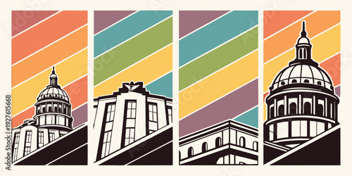 A series of three images showing a church under different weather conditions. Vector