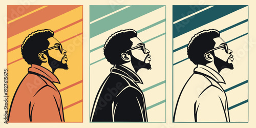 Three stylized portraits of people with unique expressions and colors. Vector
