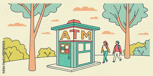 A whimsical scene of people enjoying a sunny day in a park with colorful trees and a bus stop Vector