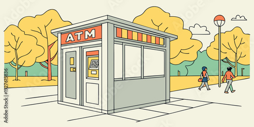 A colorful illustration of a public restroom with a yellow background and various characters. Vector