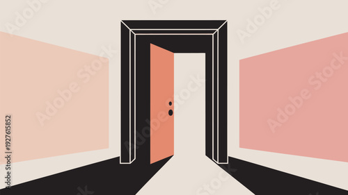 A minimalist illustration of an open door in a hallway with pink walls and a black floor