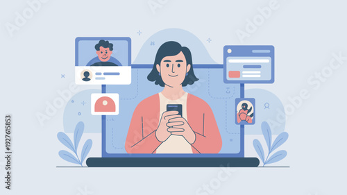 A woman using her smartphone in front of a laptop with video call windows open