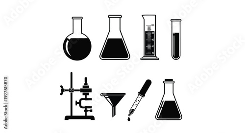 Black silhouettes of various laboratory glassware and scientific equipment