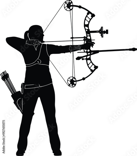 Archery athlete silhouette aiming compound bow, professional archer with quiver practicing target shooting isolated on white background vector