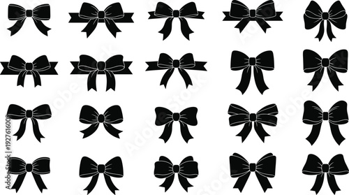 Set of decorative black ribbon bow silhouettes and gift knot icons, flat vector illustrations for greeting cards wedding and celebration,