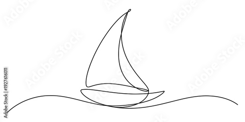 Minimalist continuous line drawing of a sailboat floating on gentle ocean waves Vector, illustration