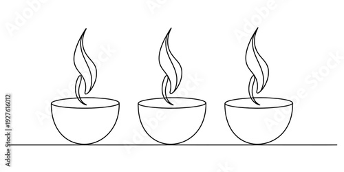 Three traditional oil lamps in a simple line drawing style for diwali festival celebration. Vector, illustration