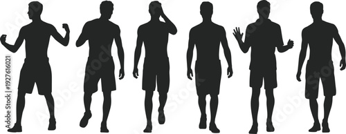Male body silhouettes collection vector illustration, muscular man walking and standing poses isolated black set
