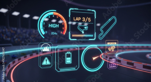 Futuristic racing game interface with speed, lap, and battery indicators displayed.