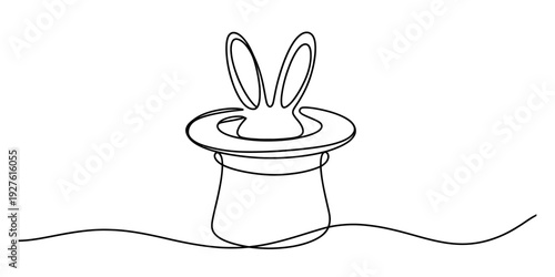 Single line drawing of a rabbit in a magic hat representing a classic magic performance Vector, illustration