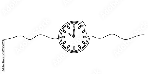 Minimalist continuous line drawing of a clock with a wavy horizontal line on white background. Vector, illustration