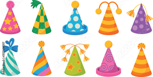 Colorful party hat collection vector with festive patterns, birthday celebration caps illustration set for kids events, carnival, festival decoration, and fun party design