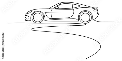 Minimalist single line art illustration of a sleek luxury sports car profile on white background Vector, illustration