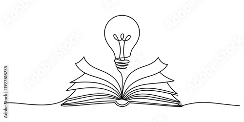 Continuous line drawing of an open book with a light bulb rising from the center, symbolizing ideas. Vector, illustration