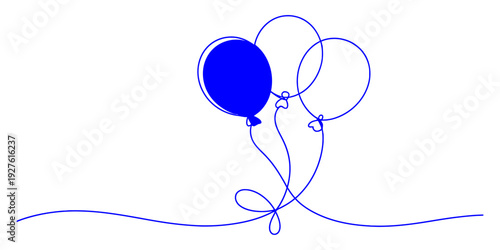Minimalist one line drawing of three blue balloons with intertwined strings on a white background Vector, illustration