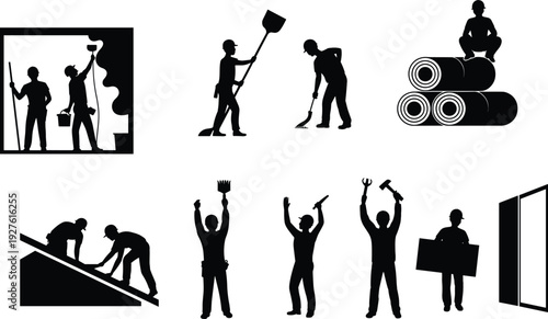 Construction workers silhouettes set showing painting, roofing, flooring, installation, manual labor and maintenance activities isolated on white background for industrial and renovation concepts