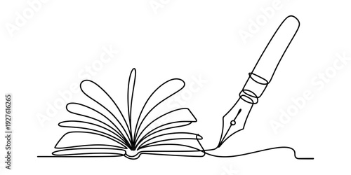 Minimalist one line art illustration of an open book and a fountain pen for writing and education Vector, illustration