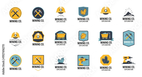 Collection of mining company logos featuring various tools and symbols for branding and design.
