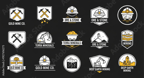 Collection of Mining Company Logos and Badges on Black Background.