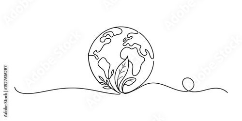Continuous line drawing of a globe with leaves representing environmental sustainability and ecology Vector, illustration