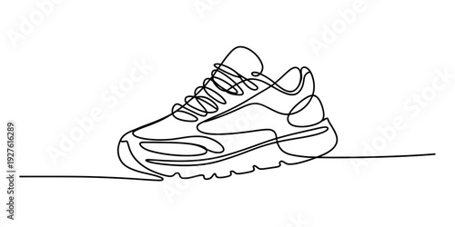 Continuous line drawing of a stylish modern sneaker or running shoe on a white background. Vector, illustration