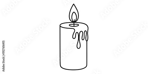 Simple line drawing of a burning candle with wax dripping down its side on white background Vector, illustration