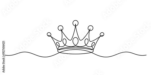 Simple black and white line drawing of a royal crown sitting on a wavy horizontal line. Vector, illustration