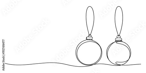 Continuous line drawing of two christmas baubles hanging against a plain white background. Vector, illustration