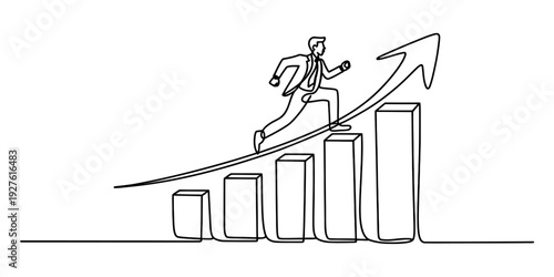 Continuous line drawing of a businessman running up an upward arrow on a bar graph for success. Vector, illustration