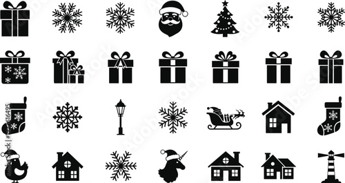 Set of Christmas holiday and winter season black flat vector icons, Santa Claus snowflakes gift boxes and festive celebration ornaments,