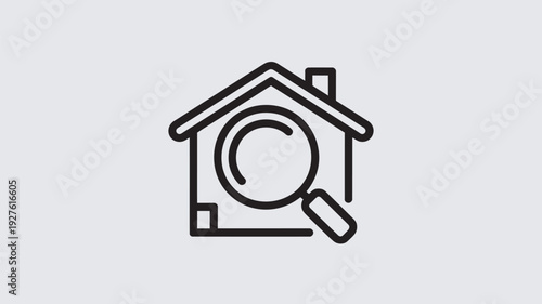 A simple black line icon of a house with a magnifying glass