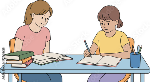 Mother helping daughter with homework at table, family education and home learning illustration