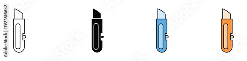 Utility knife icon set. Paper cutter and box opener symbols for office and craft work. Vector Illustration.