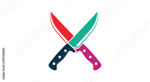 Two crossed kitchen knives with red and teal blades on a white background