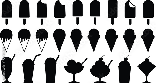 Large collection of ice cream silhouettes including popsicles, cones, sundaes, and milkshakes isolated on white background for summer dessert menu design