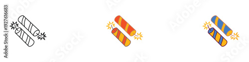 Firecracker icon set. Dynamite sticks with burning fuse for festival and party fireworks. Vector Illustration.