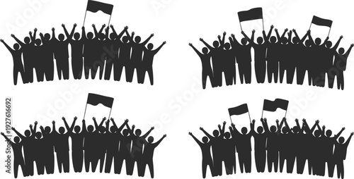 Cheering crowd with flags silhouettes vector illustration, celebration rally public event concept design