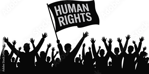 Human rights protest crowd silhouettes vector illustration, activism freedom equality demonstration concept design
