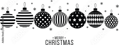 Set of Christmas ball ornaments with different patterns and snowflakes black flat vector illustration, festive baubles for merry holiday season,