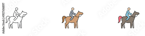 Horse riding icon set. Person riding horse for equestrian sports, ranch, and outdoor hobby design. Vector Illustration.