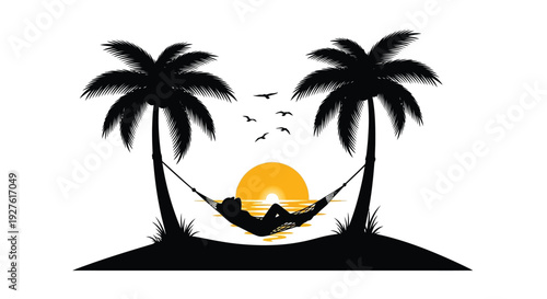 Silhouette of a hammock strung between palm trees at sunset