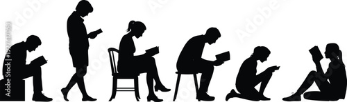 Set of seven black silhouettes of people reading books in various sitting and standing poses isolated on a white background.