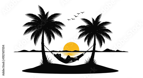 Silhouette of palm trees hammock and birds at sunset on a tropical island