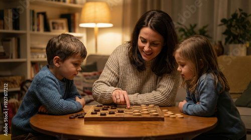 A heartwarming family scene: A mother smiles as she teaches her two children to play checkers, capturing the precious moments of family bonds, childhood growth, and shared time together.