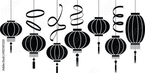 Black silhouette Chinese lanterns hanging with decorative swirls and tassels for Lunar New Year, Mid-Autumn Festival, Asian cultural celebration vector