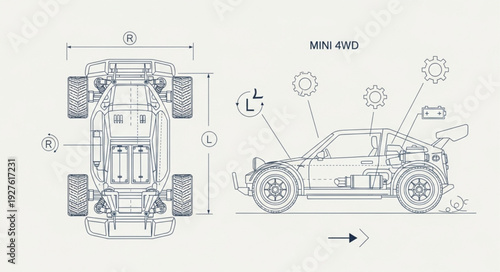 Detailed technical drawing of a miniature all-terrain vehicle, showcasing its design.