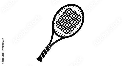 Black and white illustration of a tennis racket against a white background