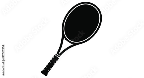 A black and white illustration of a tennis racket on a white background
