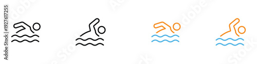 Swimming icon set. Athlete swimming in waves for pool, beach, and summer vacation design. Vector Illustration.